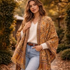 Oversized Boho Woven Tapestry Shawl 82x30 Mustard Paisley Wrap Festival Fringe